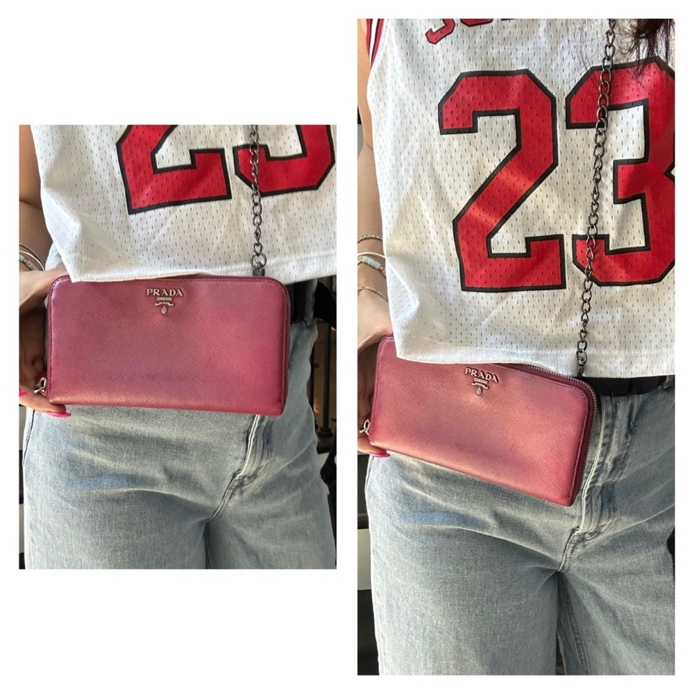 PRADA Logo Magenta Pink Saffiano Leather Zippered Wallet on Chain - Picture 11 of 11